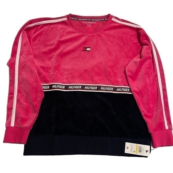 Women’s TOMMY HILFIGER Sport Pink and Black Velour Crewneck Sweatshirt Top NWT - Picture 1 of 6